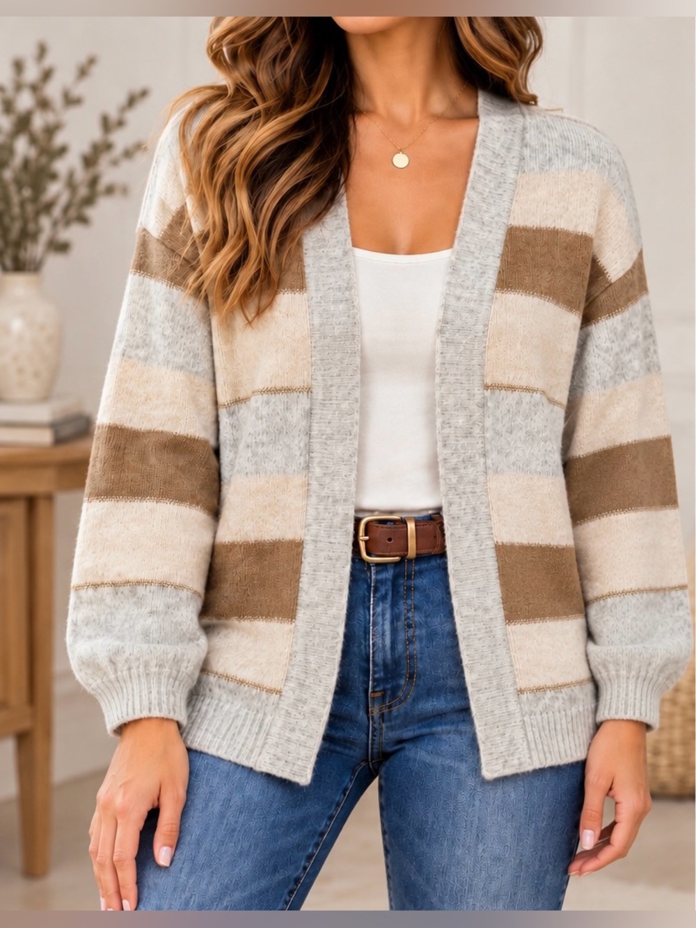 Halogen Cream & Tan Striped with Gold Open-Front Sweater / Cardigan